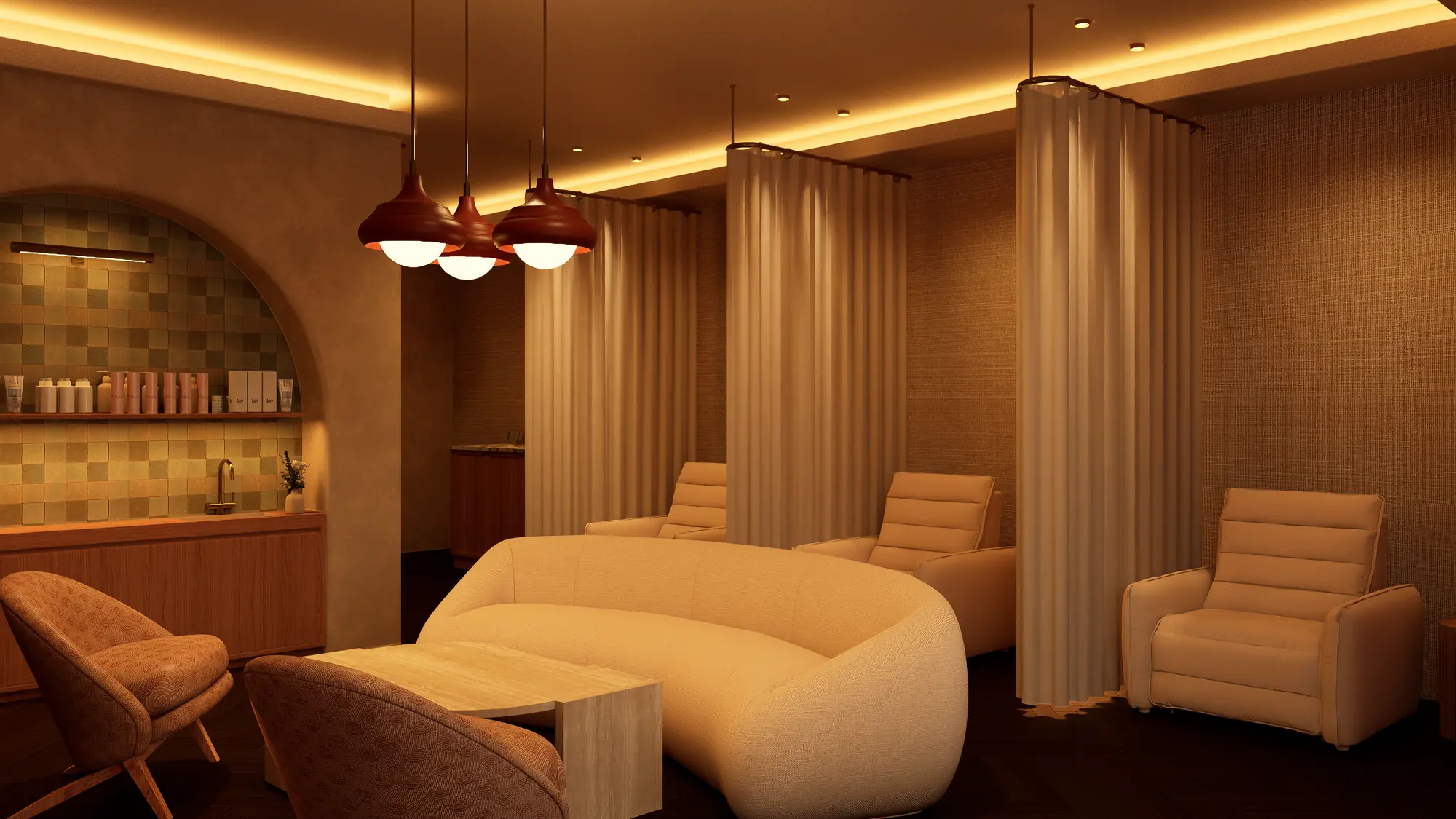 Spa relaxation lounge with curved seating