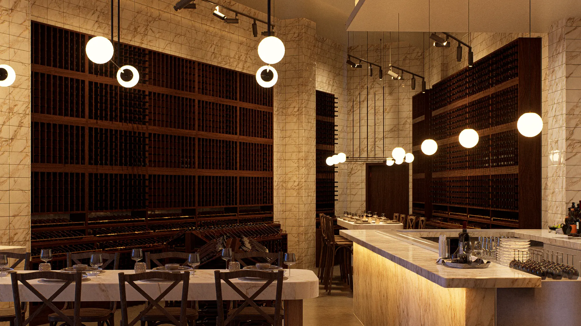 Restaurant interior with wine wall and marble counter