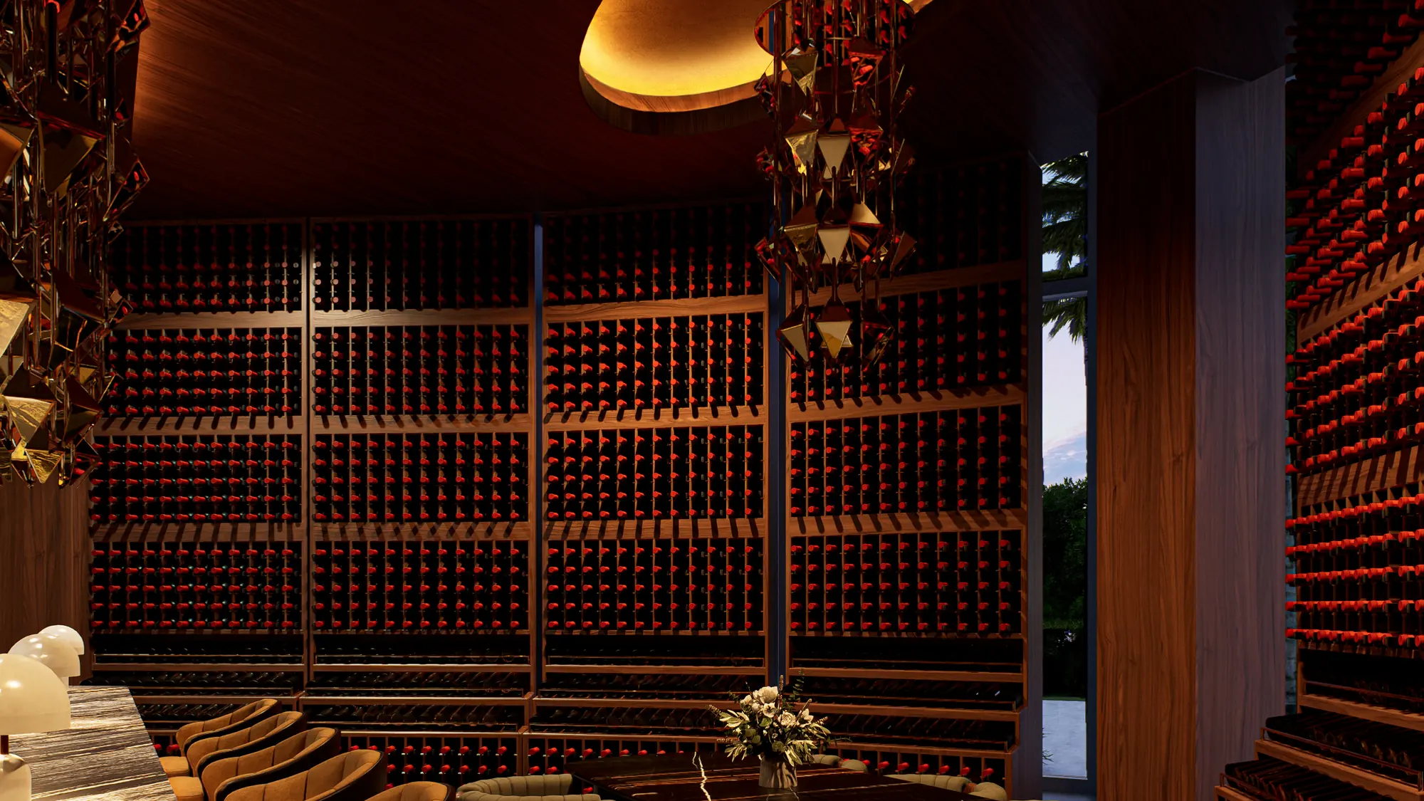Private dining room lined with wine storage