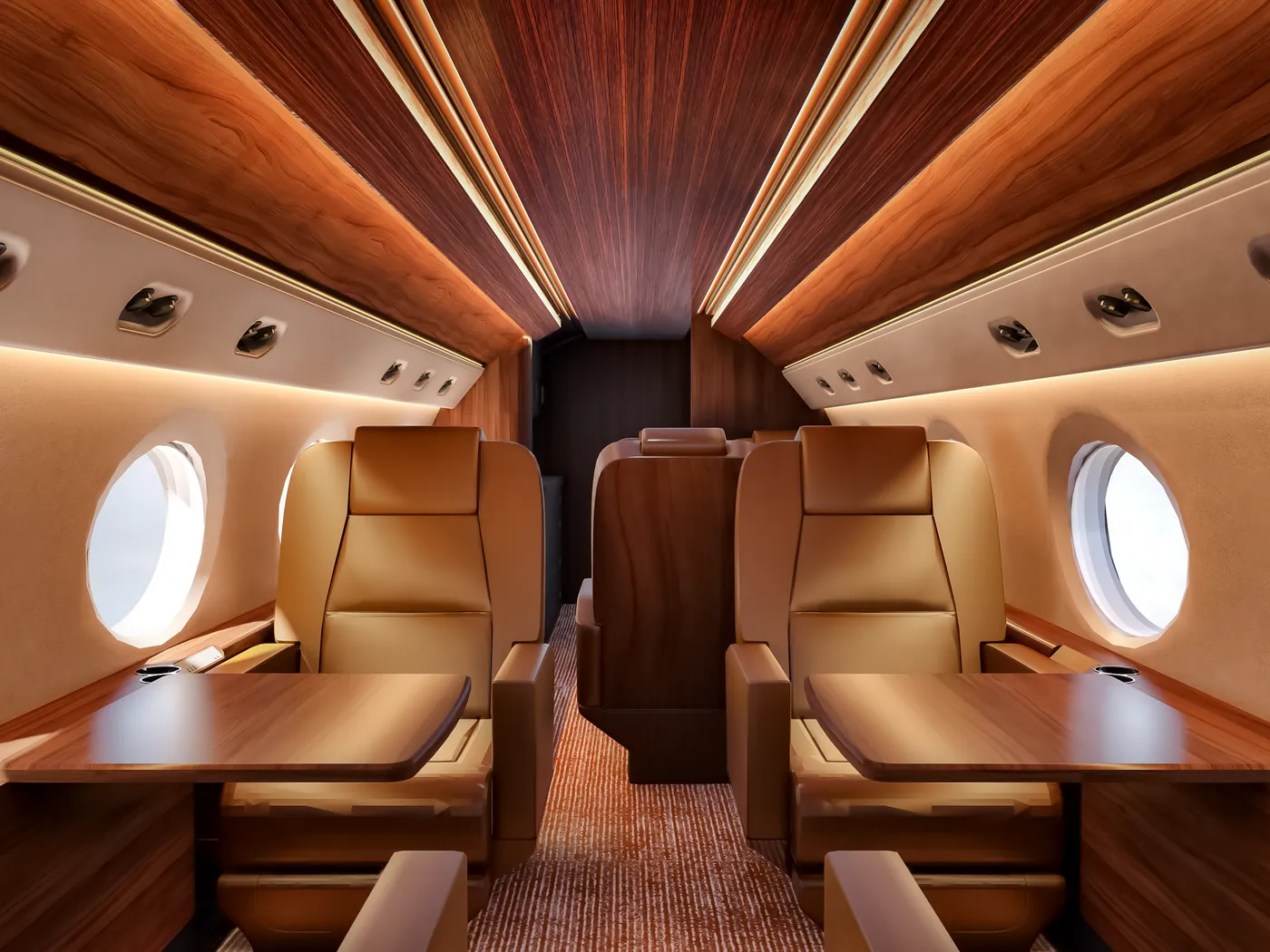 Private jet forward cabin with timber ceiling and leather seating