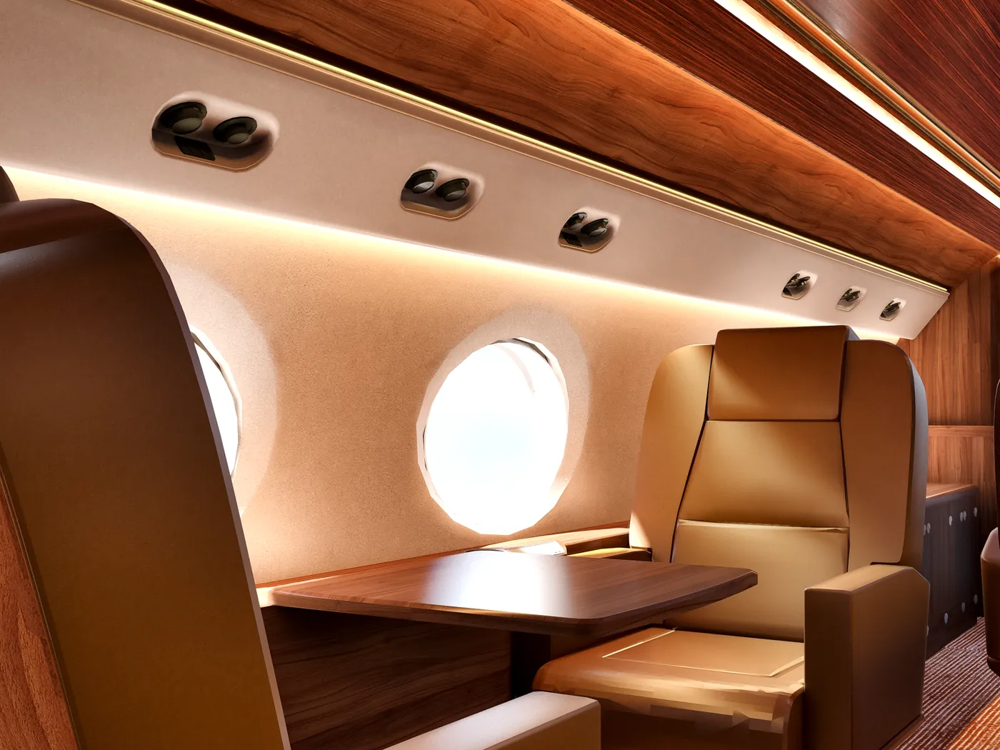 Private jet cabin with facing club seats and a dining table