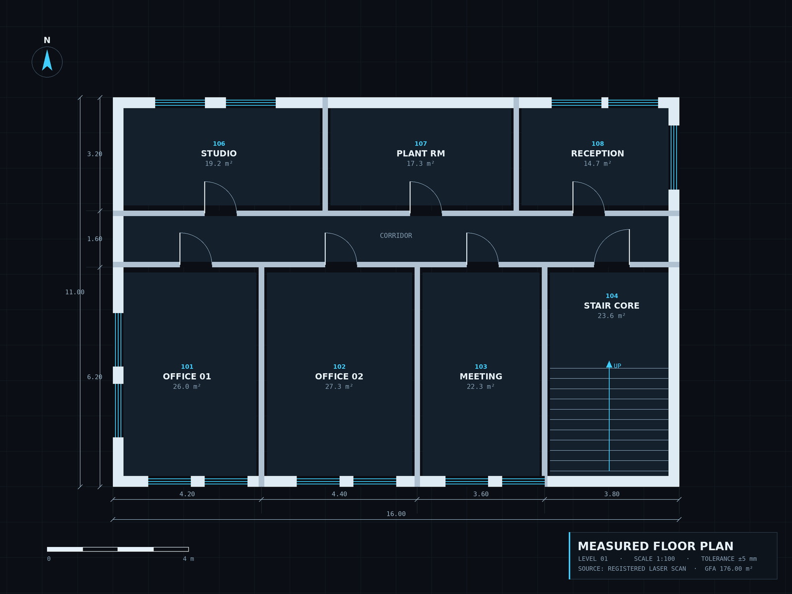 Measured floor plan drawn from a laser scan