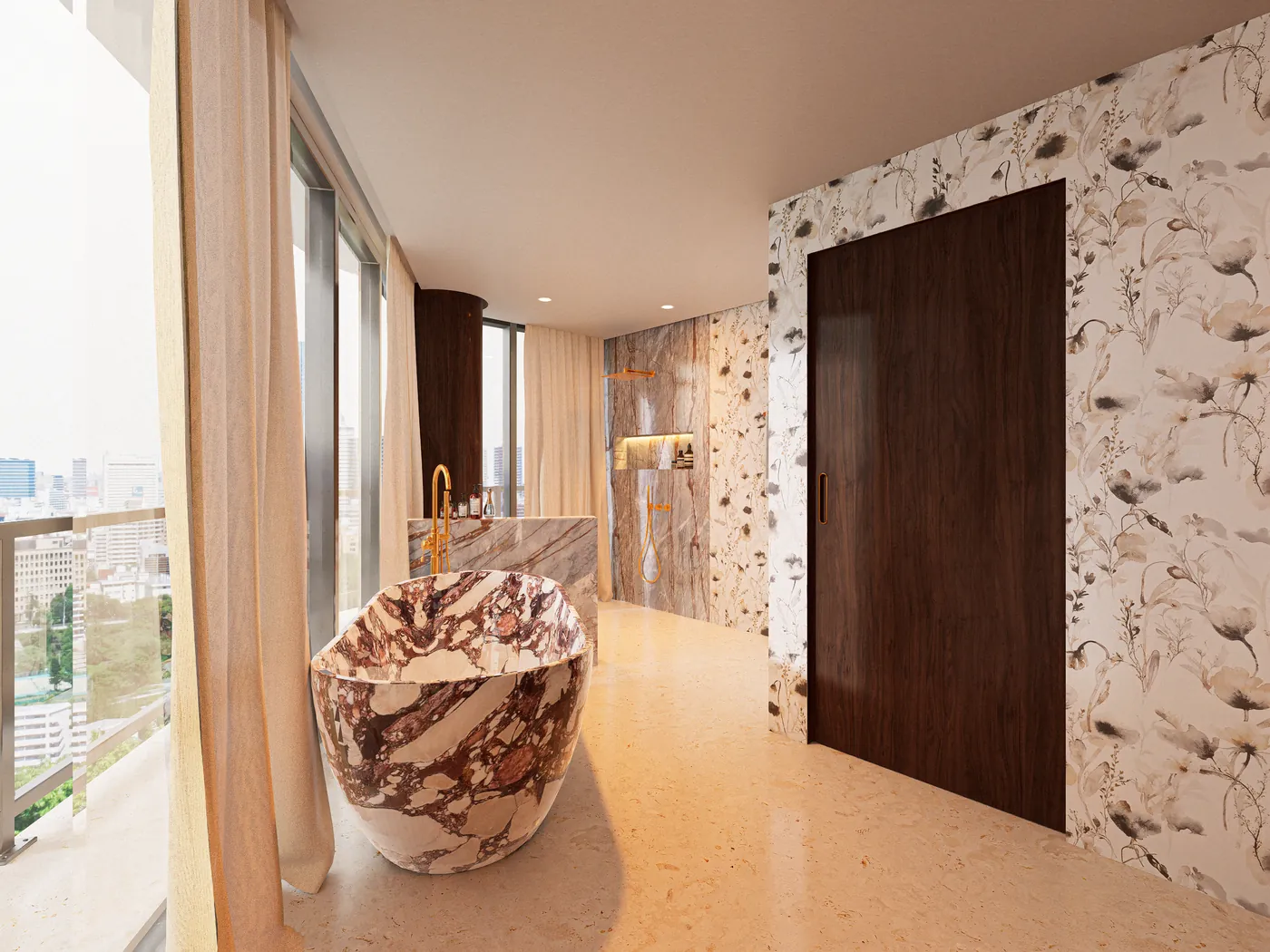 Bathroom with a stone bath and patterned wall finish