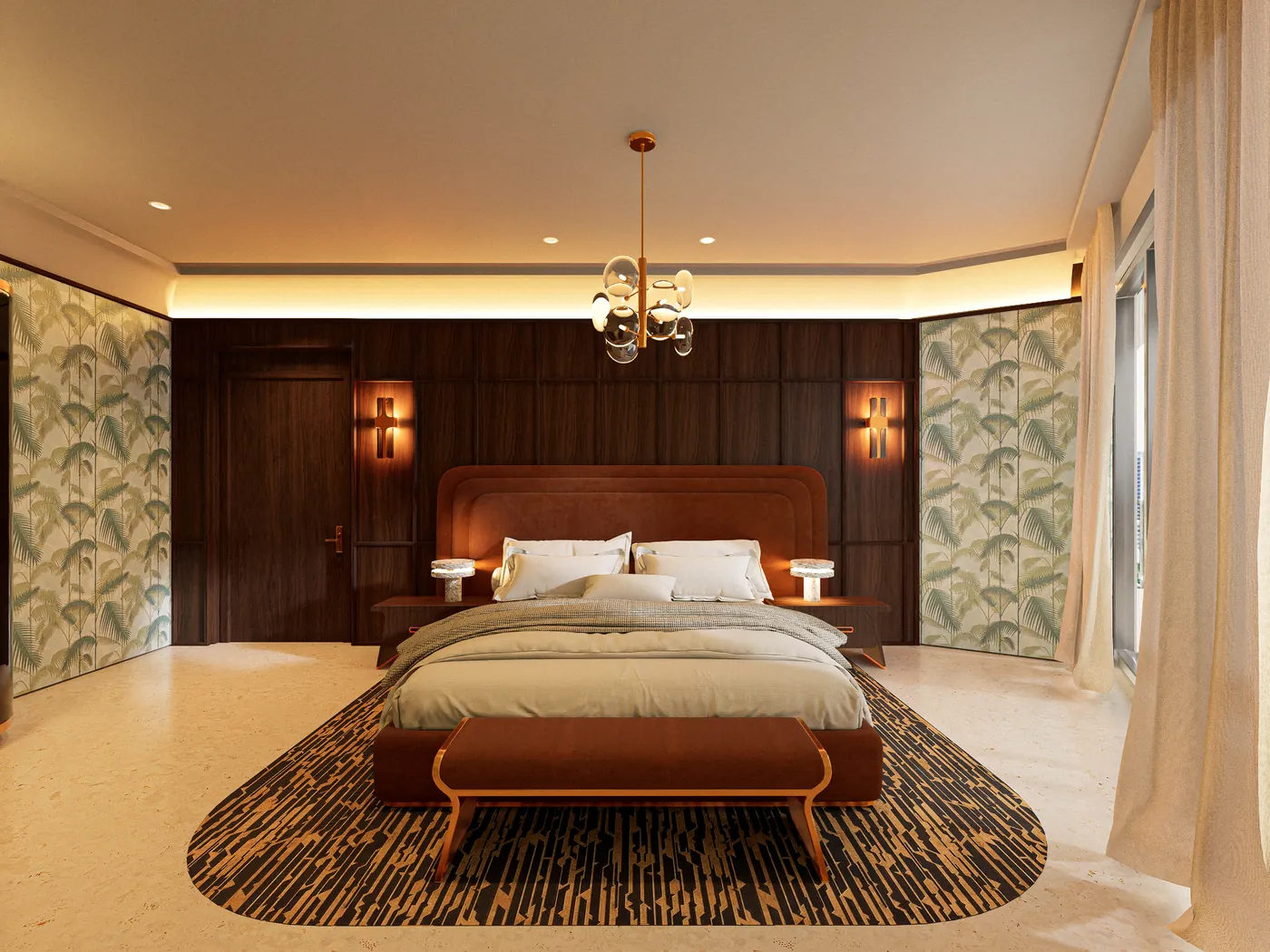 Guest bedroom with timber panelling and a city outlook