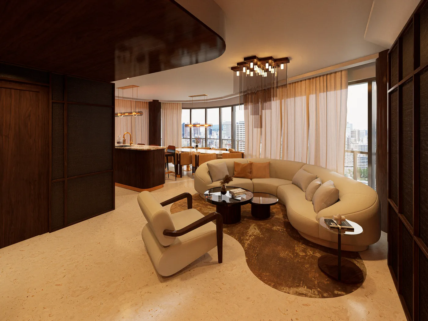 Open kitchen and dining area with stone island