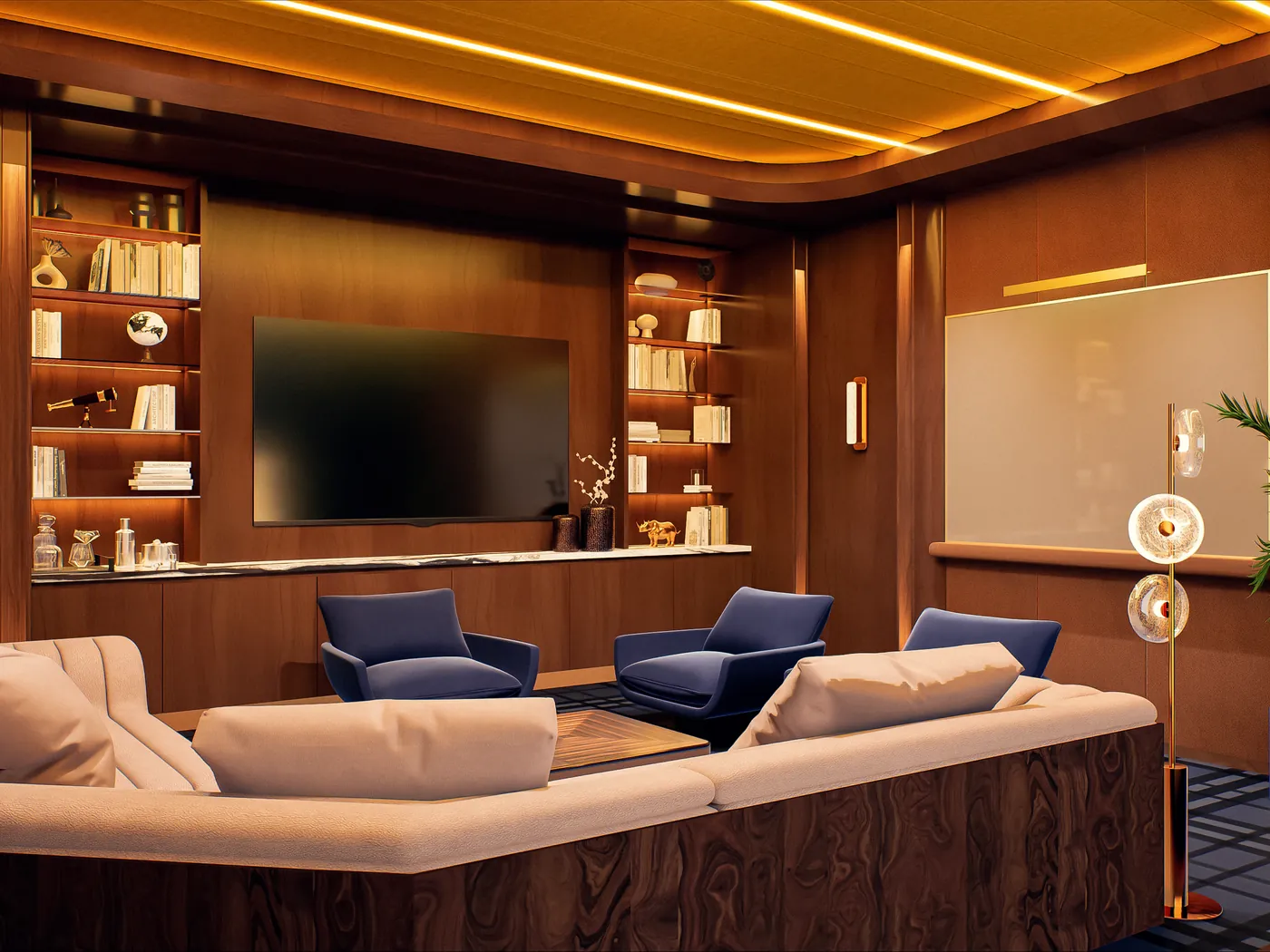 Living room with timber joinery, blue upholstery and a wall of shelving