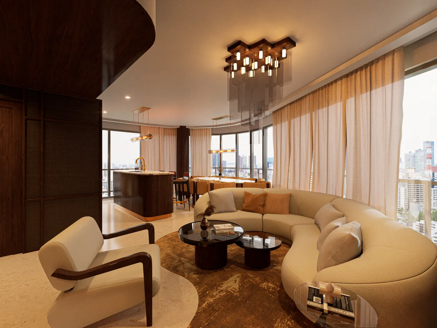 Curved sofa and low table in a penthouse lounge