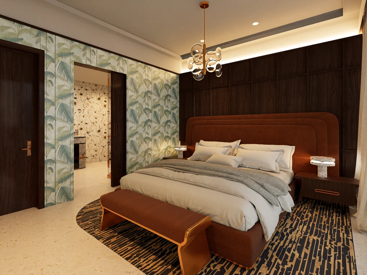 Primary bedroom with a leather headboard and patterned wallcovering
