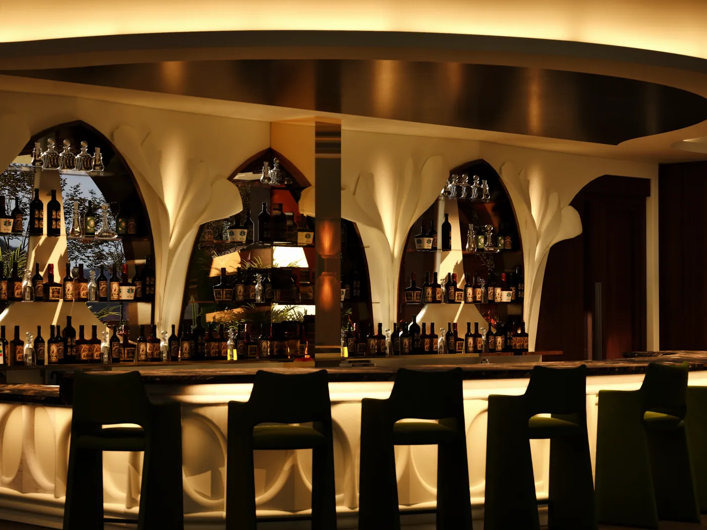 Backlit arched back bar with stone counter