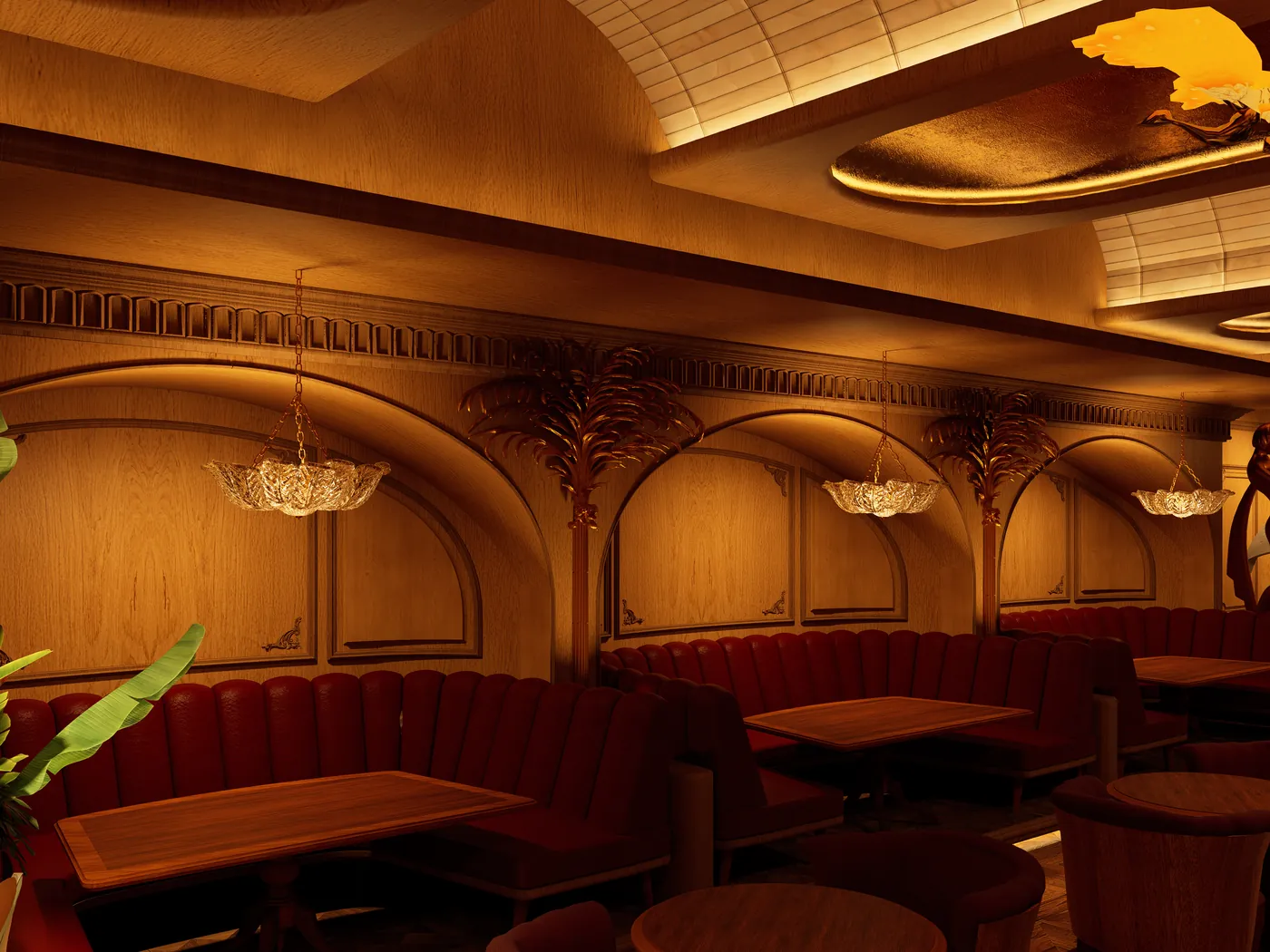 Arched timber banquette seating in a bar