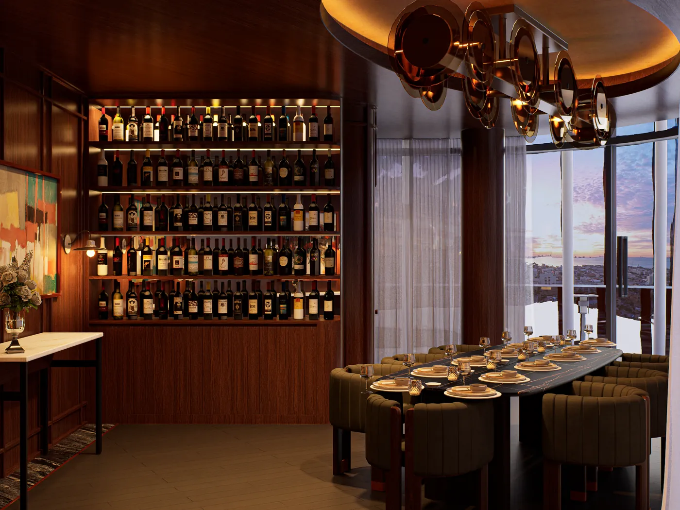 Dining banquette set within a wall of wine racking