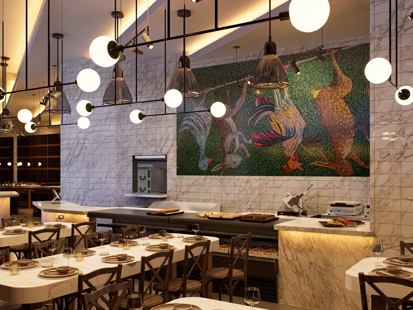 Marble chef's counter and mural in a restaurant designed by Taggha