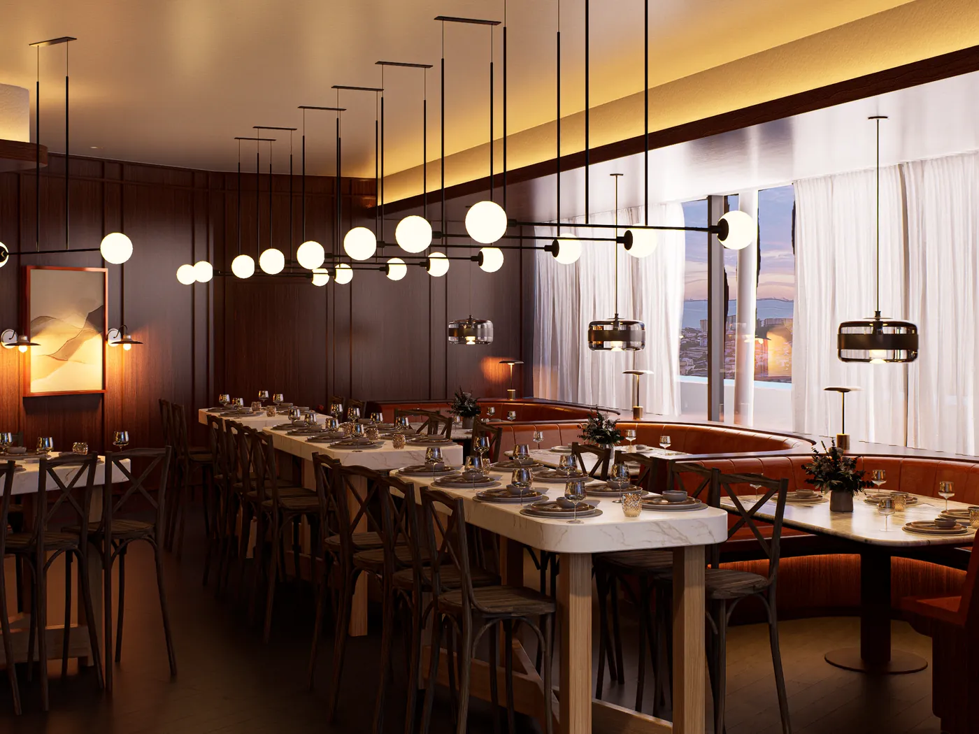 Warm timber restaurant dining room with pendant lighting