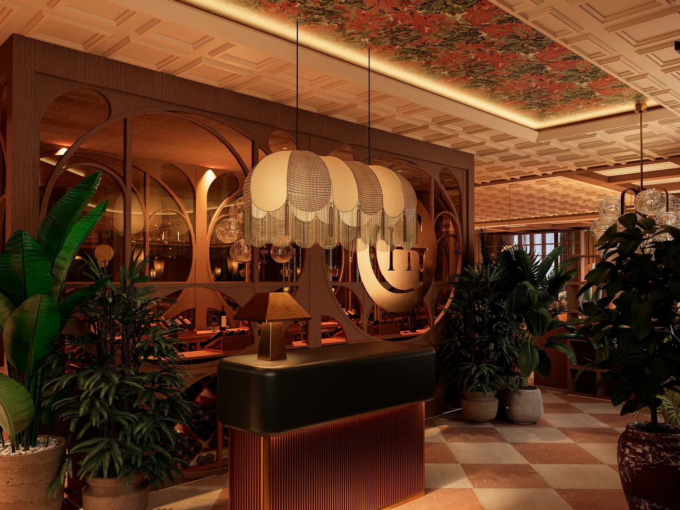 Bright bar with checkerboard floor and heavy planting