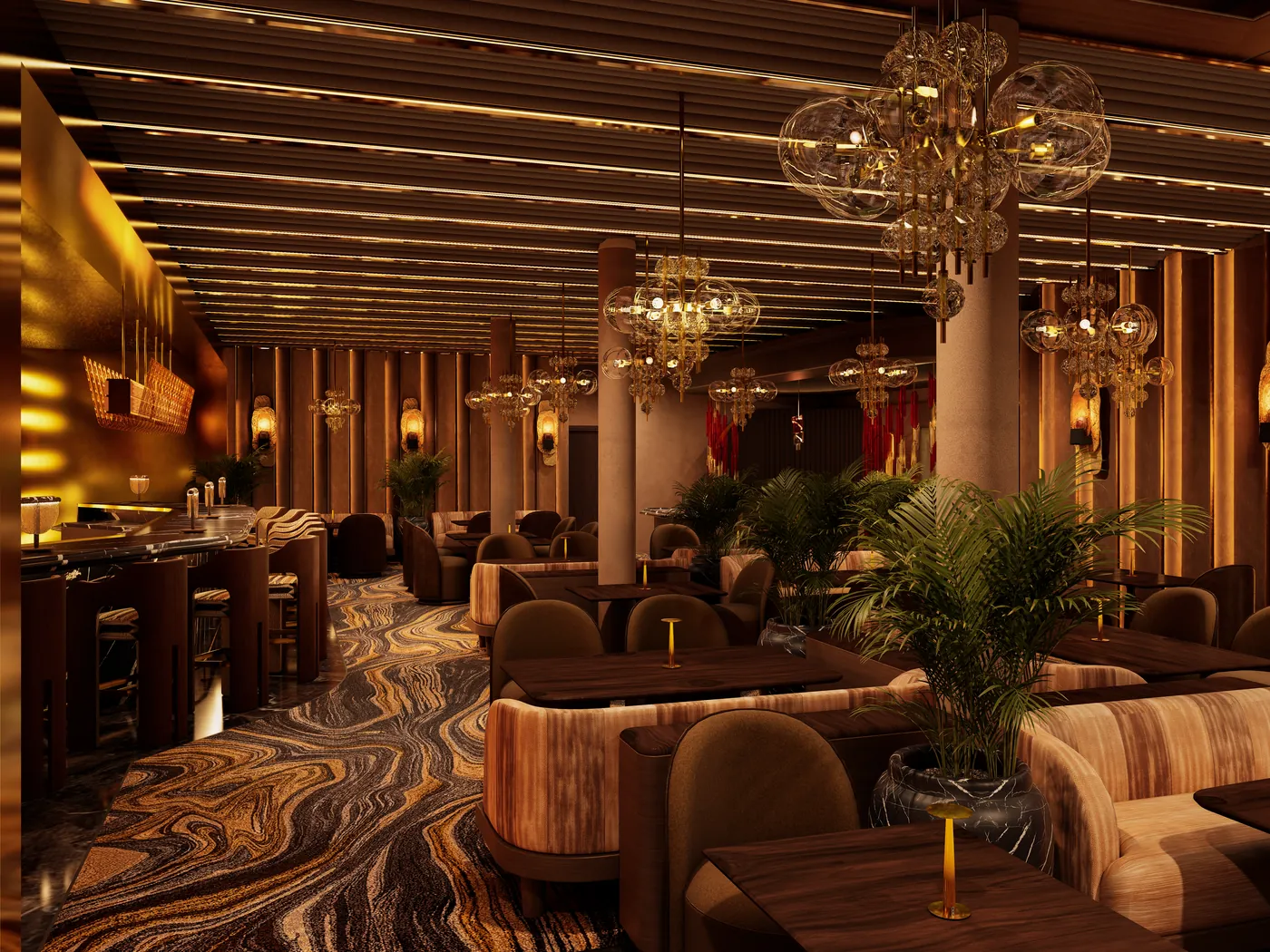 Cocktail lounge with foliage, patterned carpet and low seating
