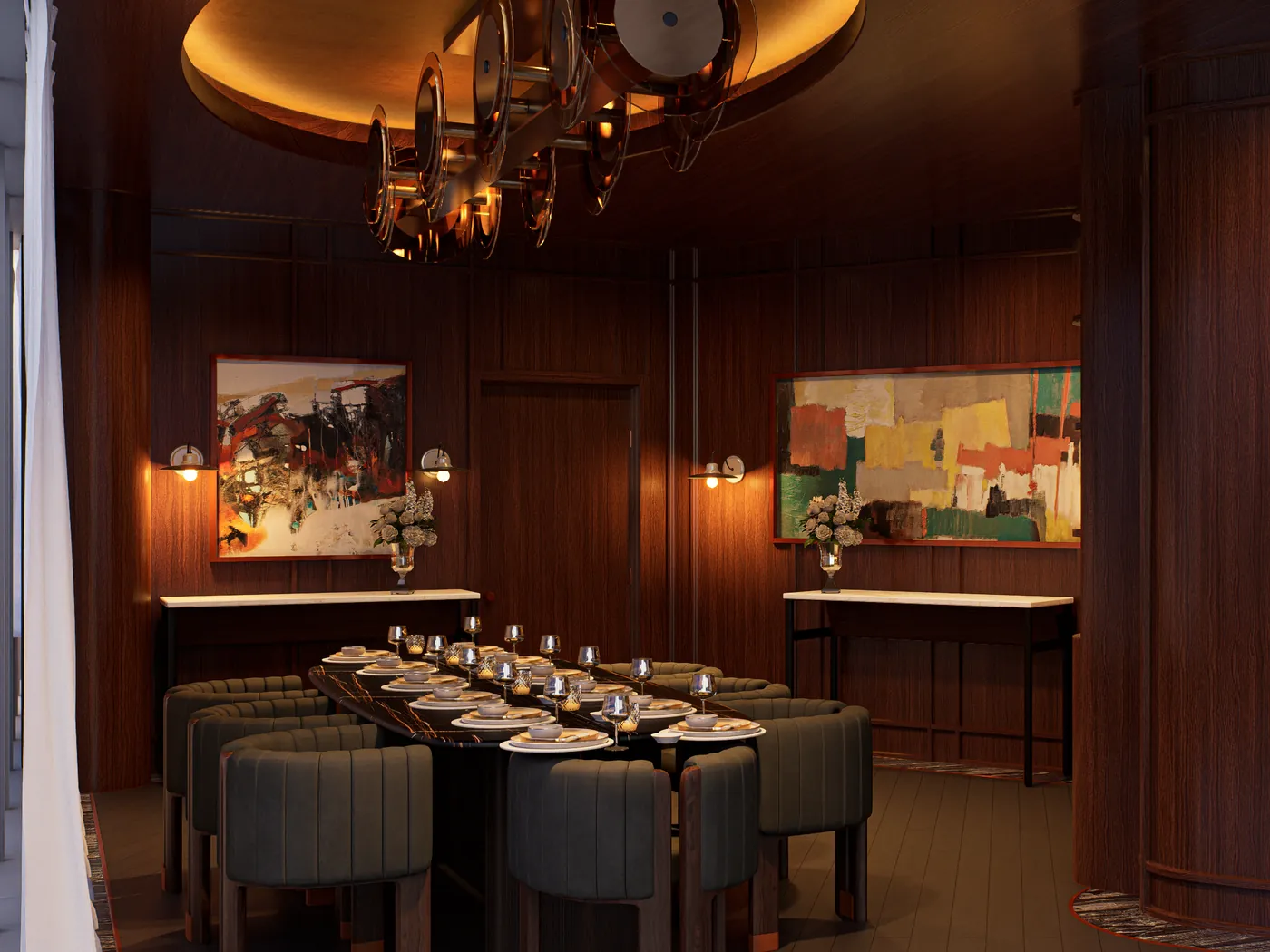 Private dining room with sculpted ceiling feature and upholstered chairs