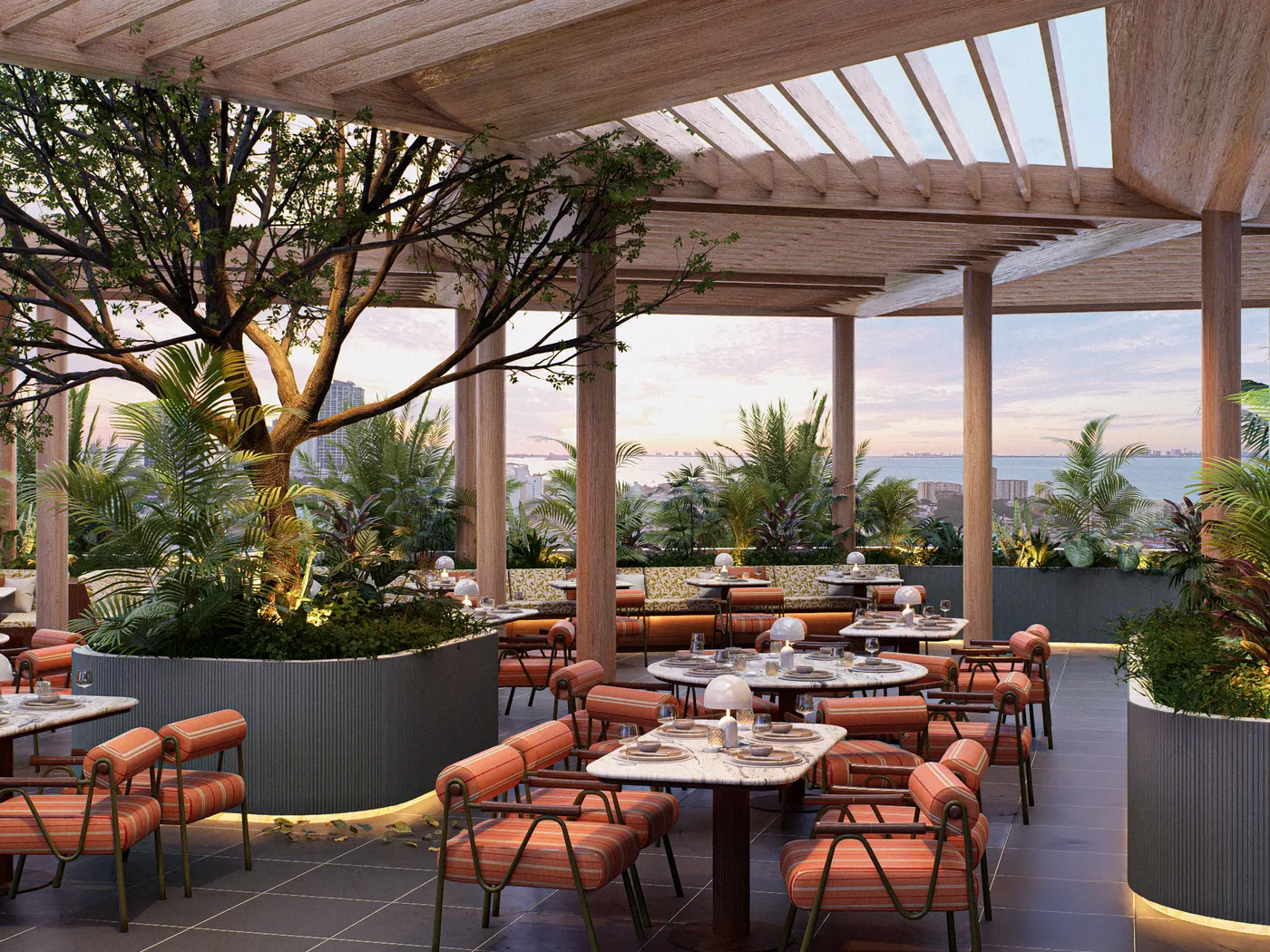 Restaurant terrace with pergola, planting and city outlook