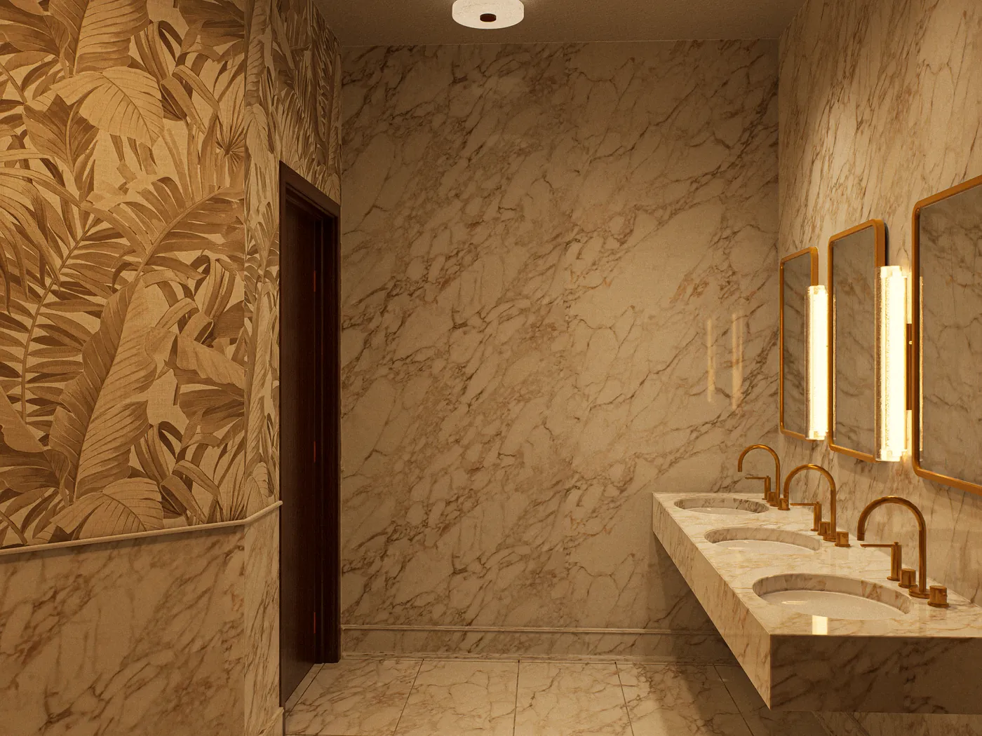 Stone washroom vanity with wall lights and framed mirrors