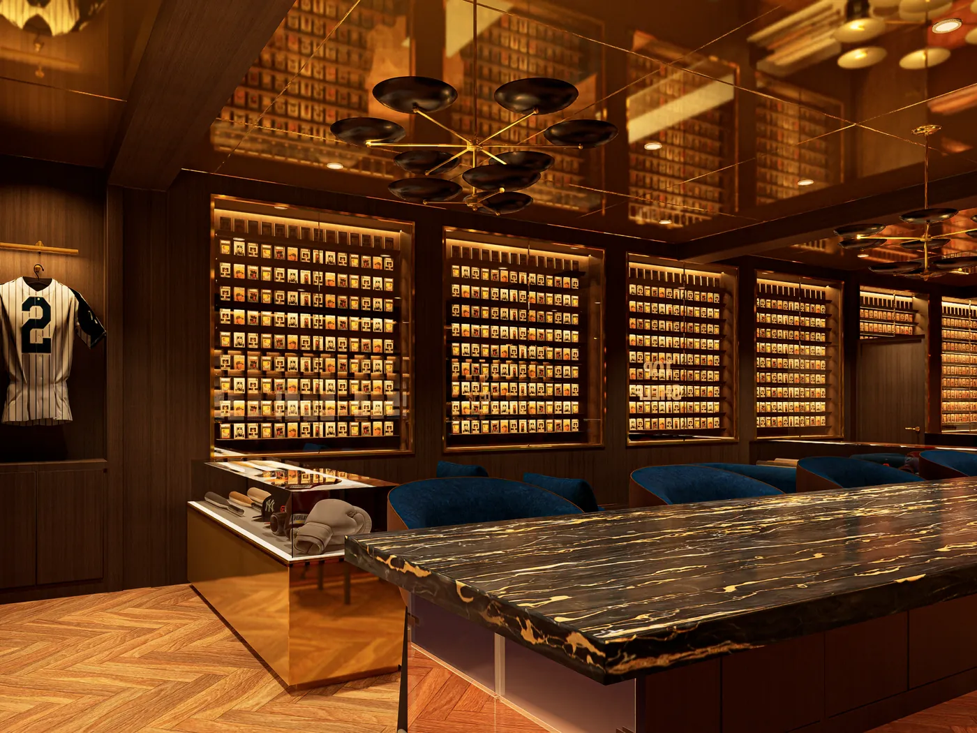 Members club bar with brass display shelving