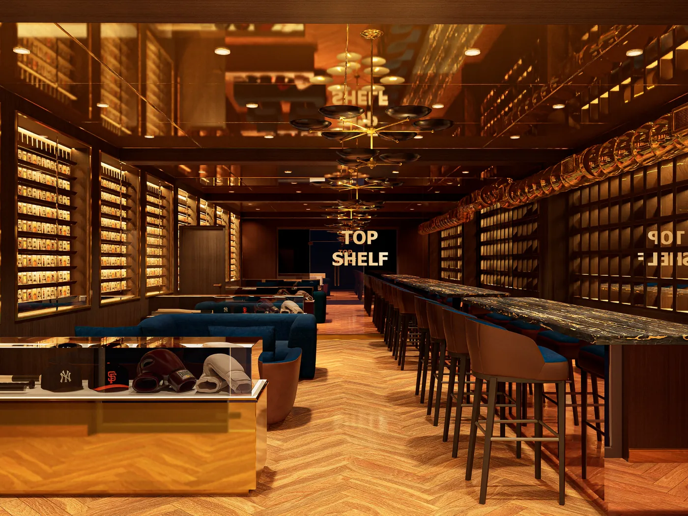 Full height brass and timber display wall with counter seating