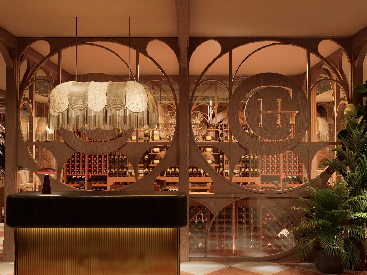 Arched wine display hall with terrazzo flooring