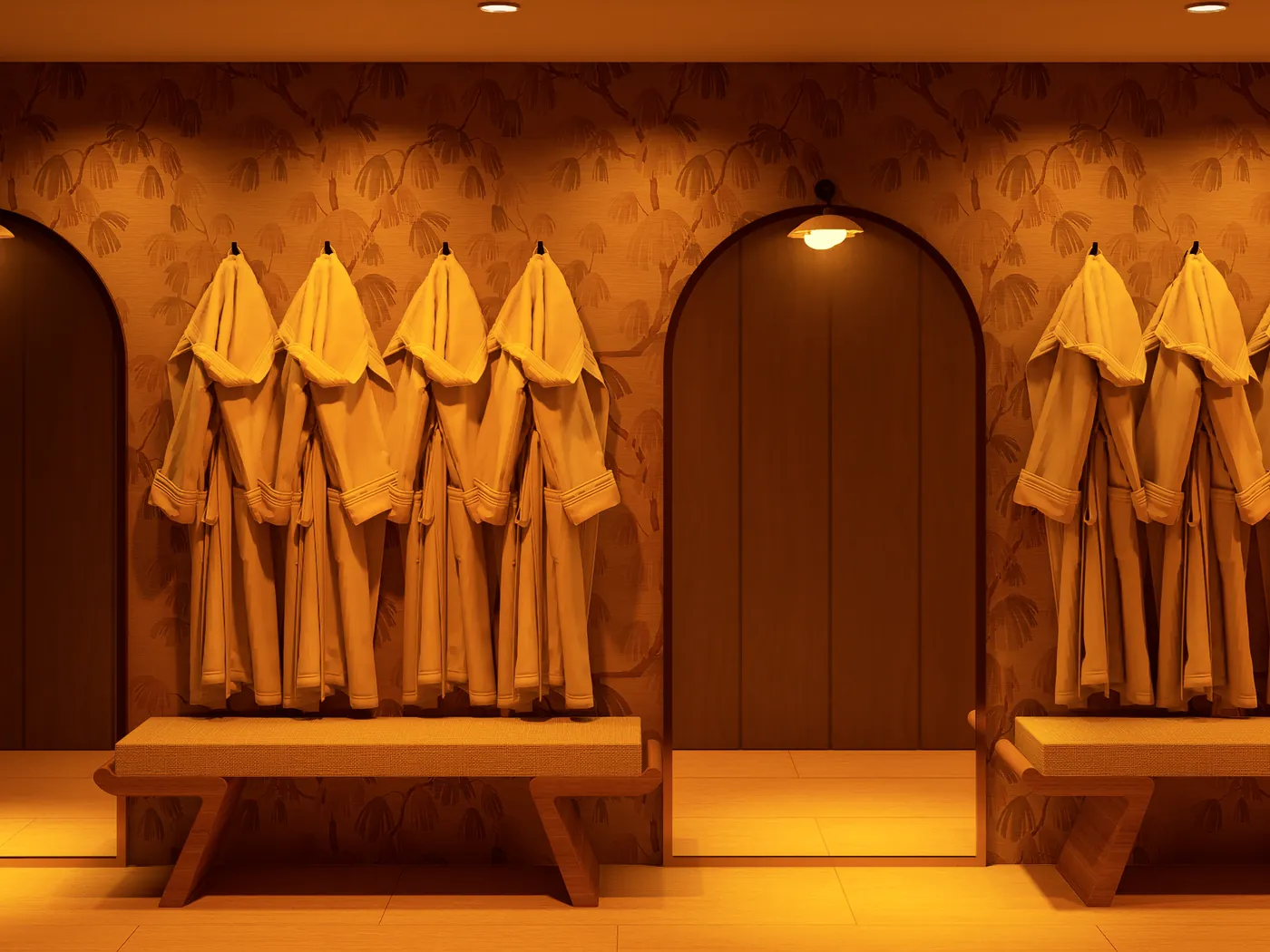 Changing area with robes hung in arched timber alcoves