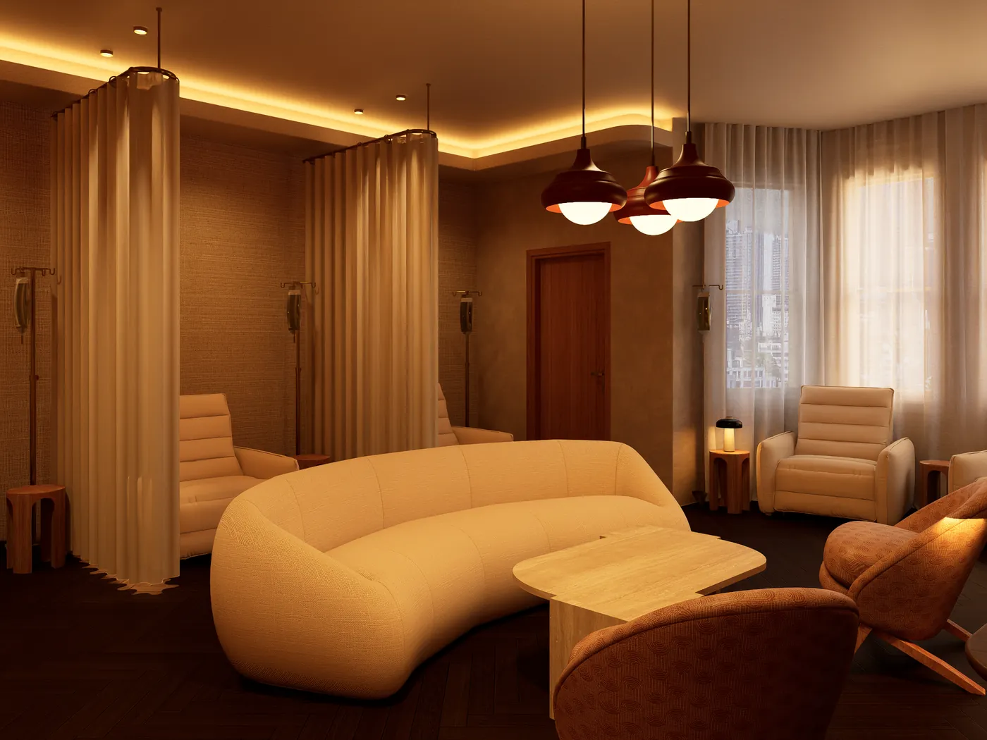Spa relaxation lounge with curved seating and soft lighting