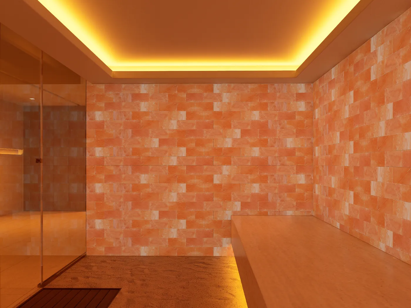 Salt room with backlit brick walls and a warm bench