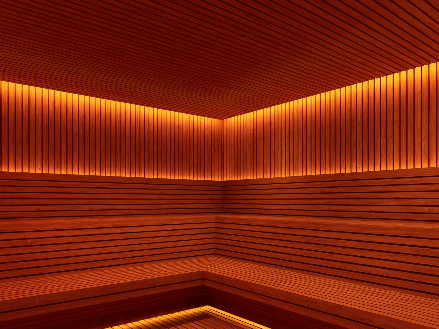 Cedar sauna with tiered benches and concealed lighting
