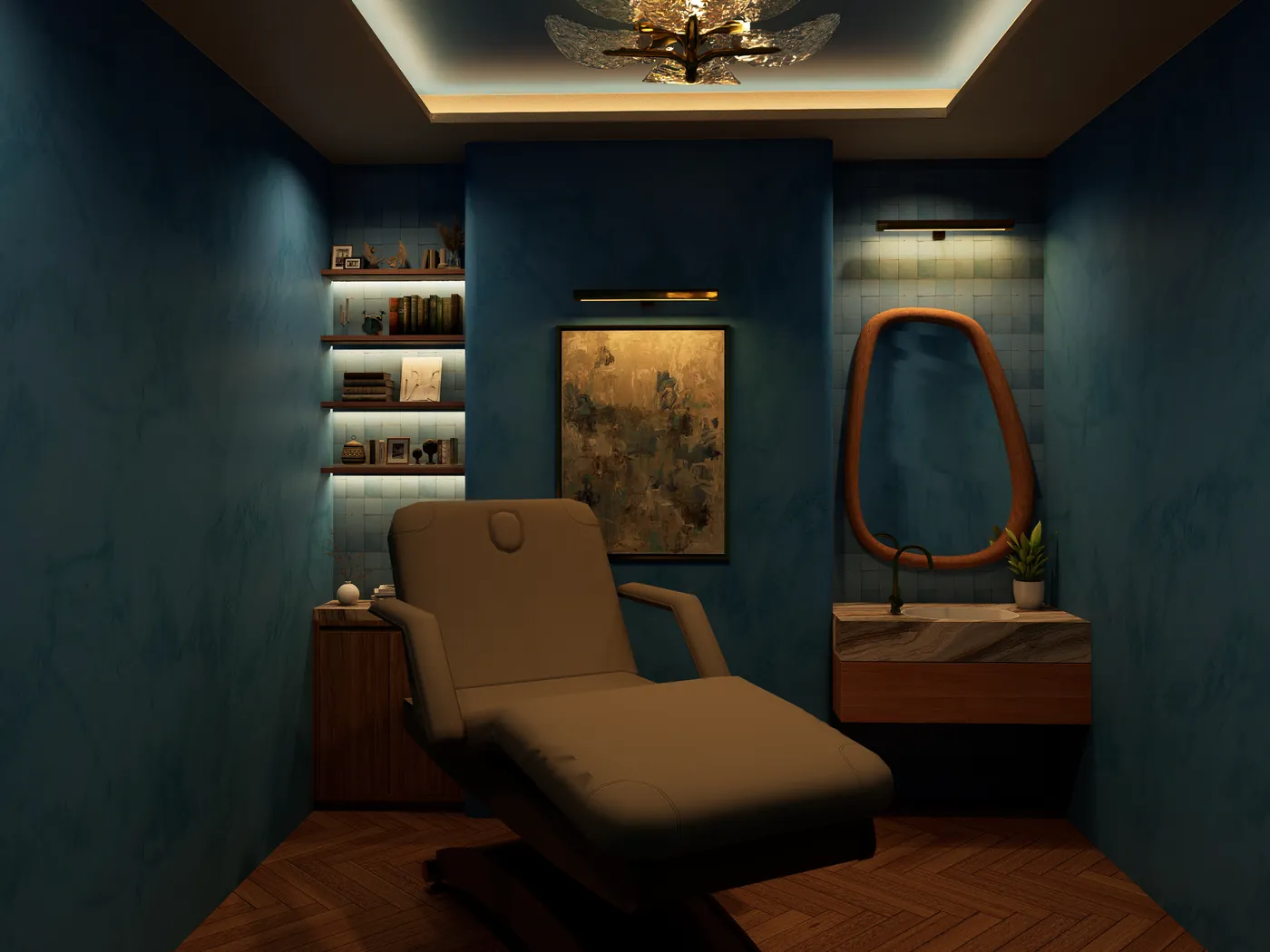 Treatment room with deep blue walls and a shaped mirror
