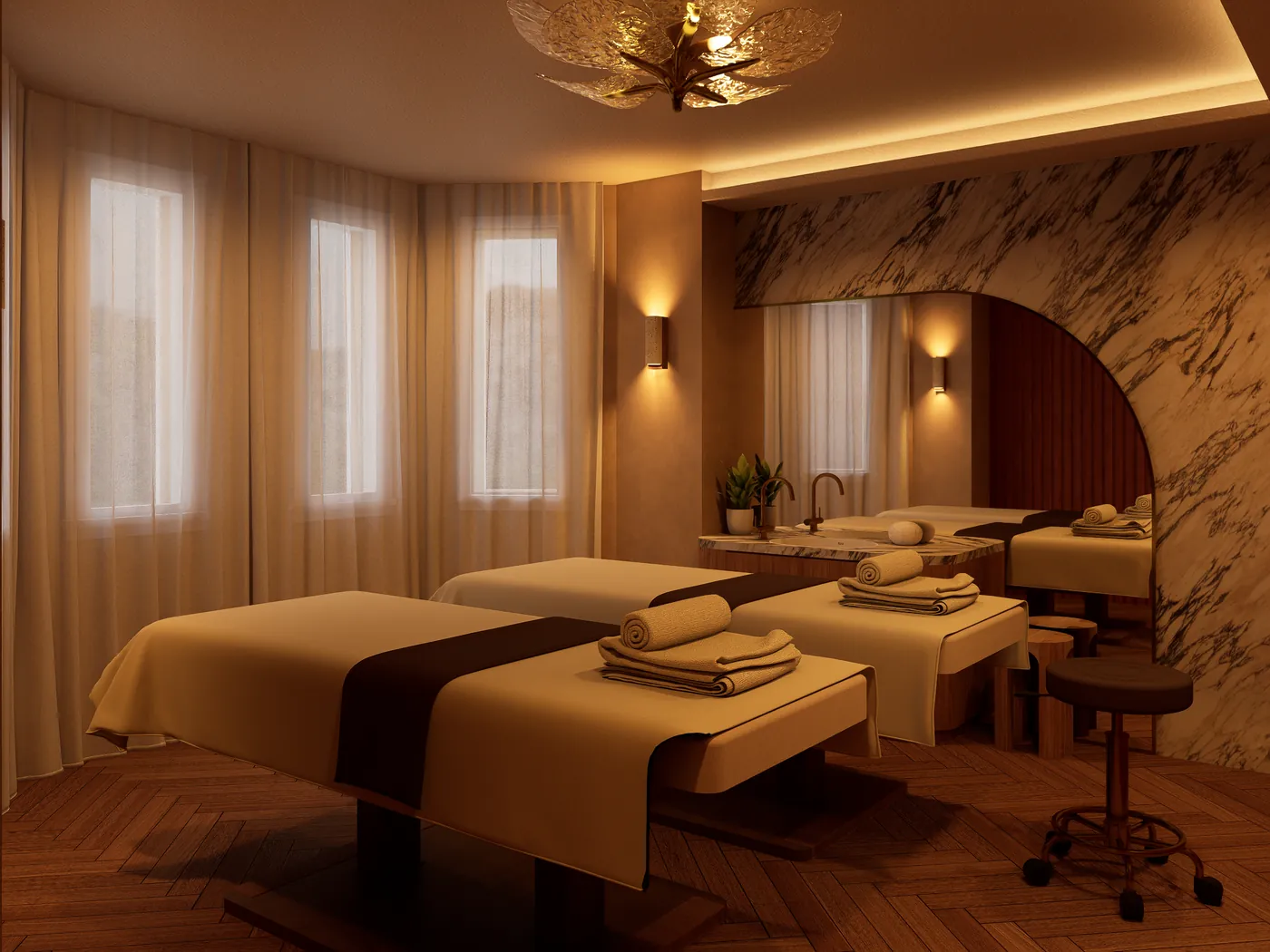 Spa treatment suite with marble arch and twin beds