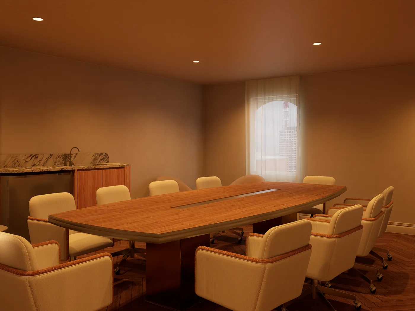 Boardroom with a solid timber table and upholstered chairs