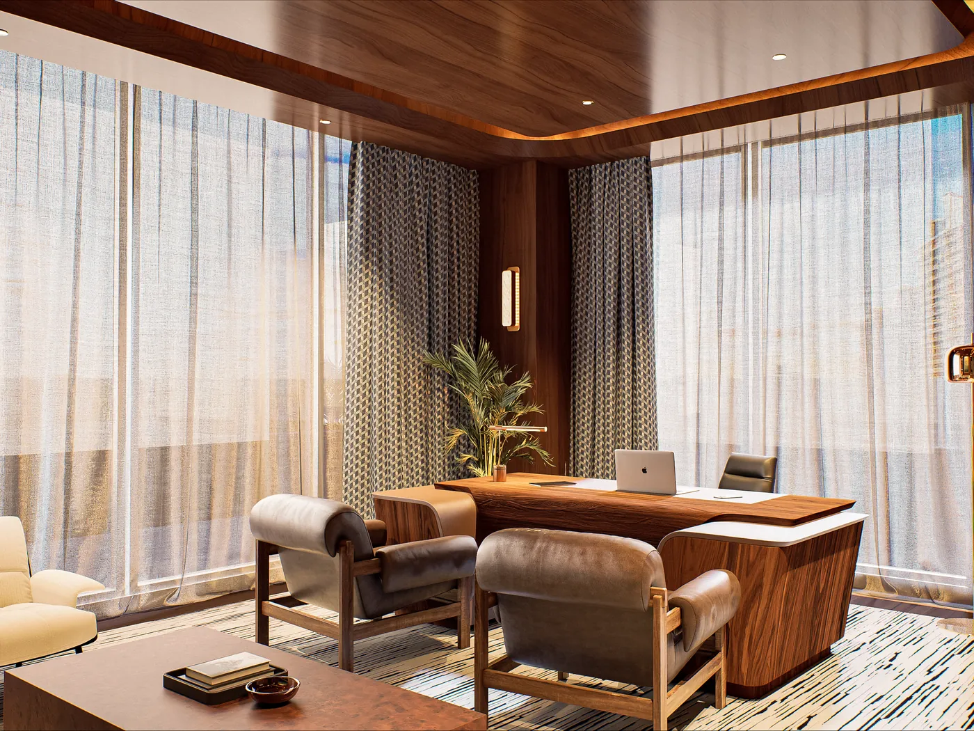 Executive office with timber panelling and city view