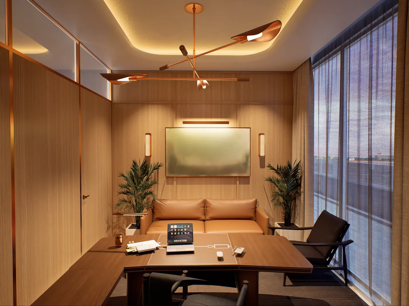Private office with wood ceiling, linear lighting and city view
